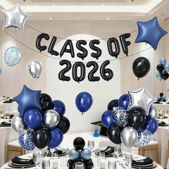 2026 Graduation Balloons Set, Black and Blue Silver Graduation Party Decorations