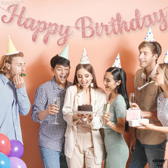 Glitter Rose Gold Cursive Happy Birthday Banner – Pre-Strung 10 Feet | Pink Happ