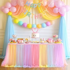 Rainbow Table Skirt for Birthday Party 6ft Unicorn Tulle Tutu Table Skirt for…