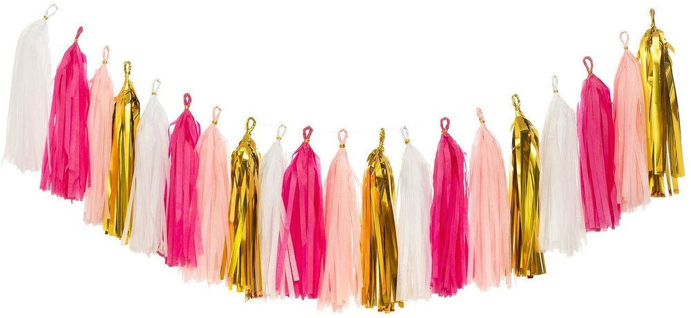 Ling’s Moment 20 pcs Tassel Banner Tissue Paper Tassels Garland Fringe Gold Pink
