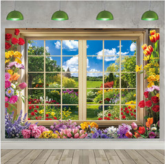 Flowers Spring Garden Window Photography Backdrop Birthday Background Banner