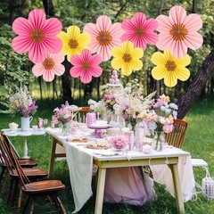 9 PCS Paper Flowers Decorations Wall Gold, Hanging Fans Floral Backdrop Decor