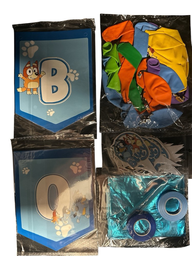 Bluey Birthday Set include Balloons Birthday Banner Ribbons Table Cover Stickers