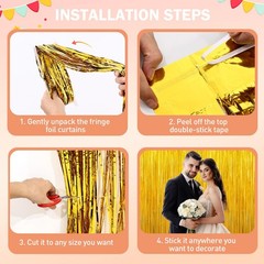 2 Pack Gold Tinsel Backdrop Foil Fringe Curtains Door Streamers Party Decor