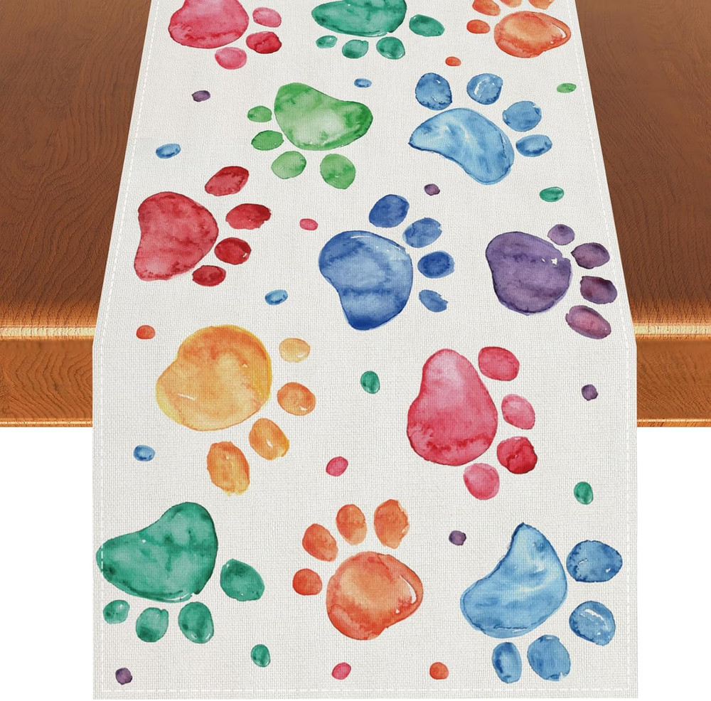 Watercolor Colorful Paw Prints Table Runner Happy Birthday Tablecloth Holiday Pa