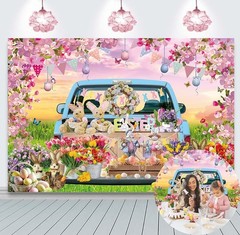7ft x 5ft Fabric Easter Backdrop – Bunny Car – Photo Prop Party Decoration – New