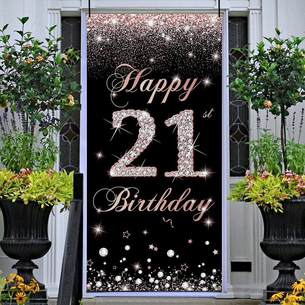 21St Birthday Rose Gold Banner Backdrop Decoration, Sturdy Fabric, Yard Sign Pho