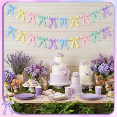 2 Pcs Pastel Bow Garland Banner, Pre-Strung Satin Ribbon Bow Banner Pastel Party