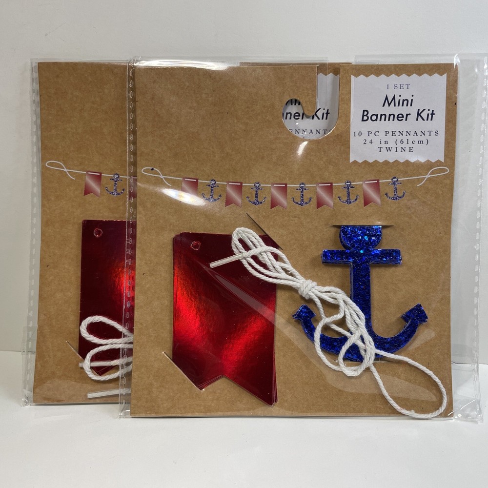 Mini Banner Kit Red Foil Flag & Blue Glitter Anchor 10 Pennants 24” Twine 2 Pack