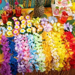 Hawaiian Flower Leis, 24 Count, 36″, Multi Color, Tropical Party Favor Pack