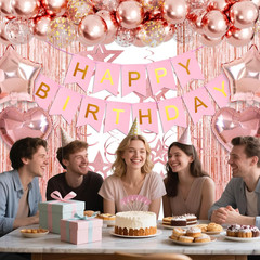 Rose Gold Birthday Party Decorations, Happy Birthday Banner, Rose Gold Fringe Cu