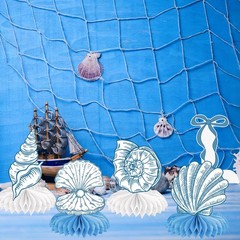 Blue Bow Starfish and Seashell Honeycomb Centerpieces 12PCS Ocean Coastal Bac…