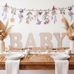 1 Set Boho Baby Shower Decoration Wooden Baby Letters with 7.9 ft Wildflower …