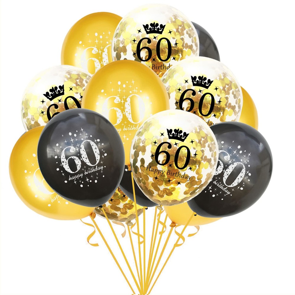 Black & Gold 60th Birthday Balloons – 15-Pack Party Supplies for Men & Women