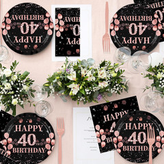 Rose Gold Birthday Tableware,40th Birthday Decorations for Women,61Pcs Rose Gold