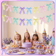 2 Pcs Pastel Bow Garland Banner, Pre-Strung Satin Ribbon Bow Banner Pastel Party