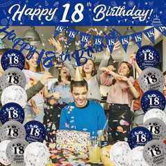 18Th Birthday Decorations – Blue & Silver Banners, Triangle Flags, Cake Toppers