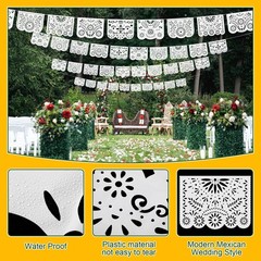 White Papel Picado Banner, 20 Ft Cinco De Mayo Decoration Plastic White Mexic…