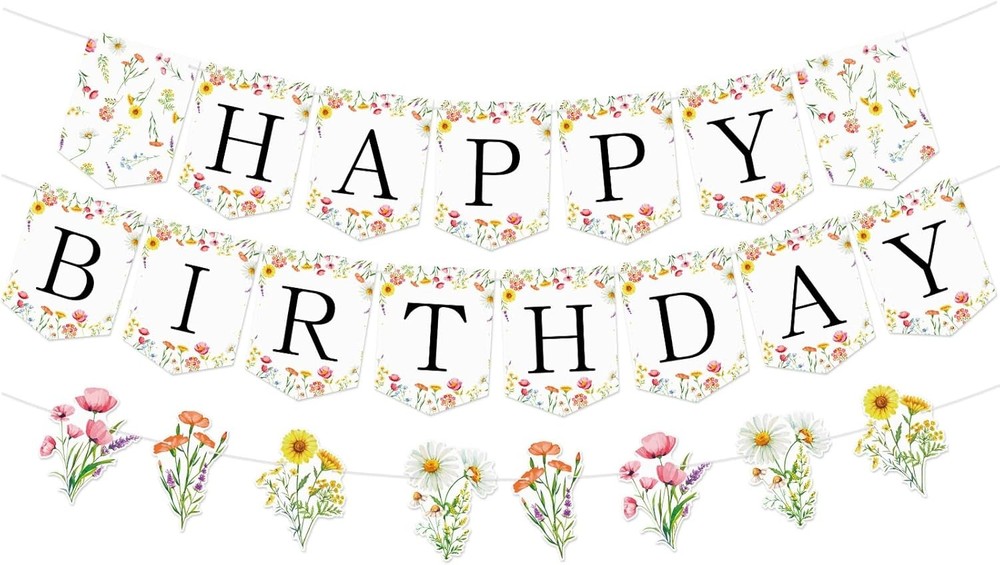 Flower Happy Birthday Banner Wildflower Butterfly Party Decorations Floral Garla