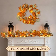 6 FT Fall Garland with Timer Lights Maples Leaves Garland with Berries Pine C…