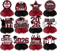 12Pcs Maroon Graduation Decorations Class of 2026 Honeycomb Centerpieces, Gradua