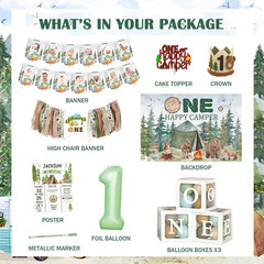 Happy Camper First Birthday Decorations – 114 Pcs Camping Party Set