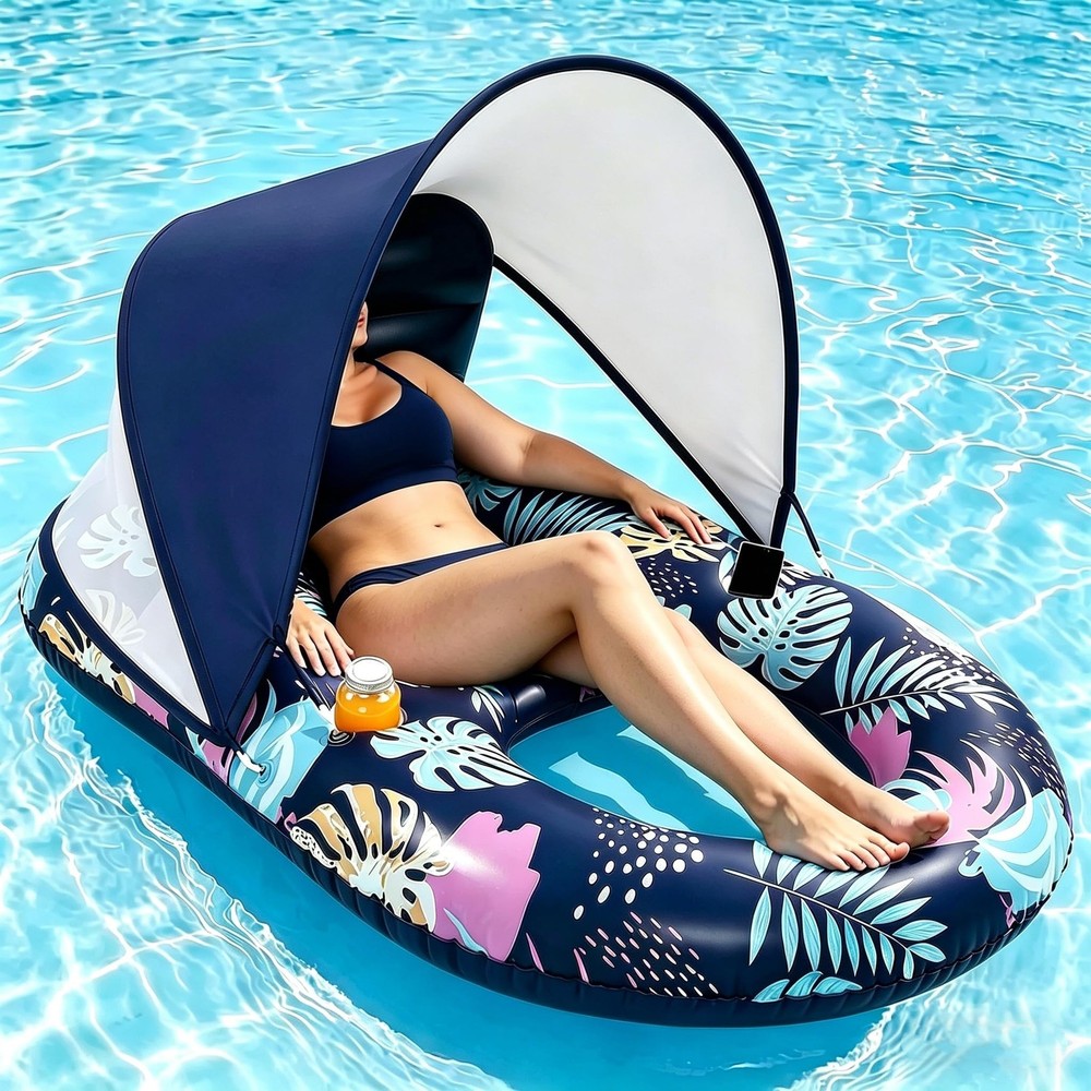 Inflatable Pool Floats with UPF50+ Canopy-Removable-120° Adjustable, Large Po…