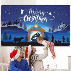 Merry Christmas Nativity Scene Banner – Large Blue Backdrop for Christmas Party
