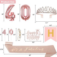 MDCGFOD 40th Birthday Party Kit for Women – Rose Gold Decor with Crown, Sash, Ba