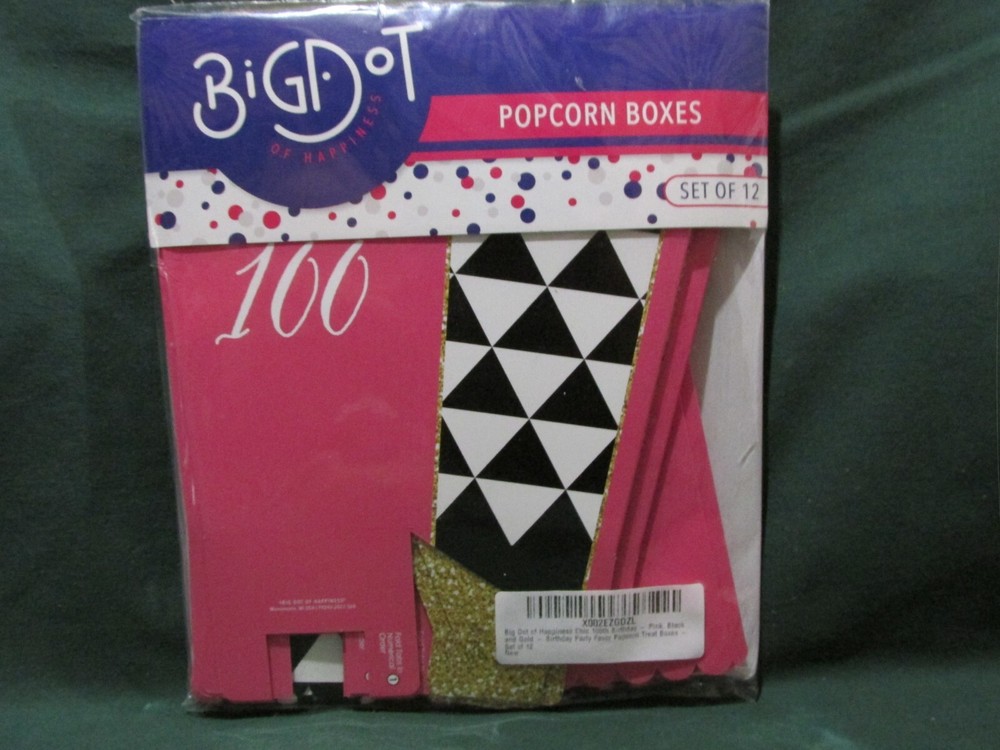NEW! Big Dot of Happiness 100th Birthday Pink Black Gold 12 Popcorn Boxes