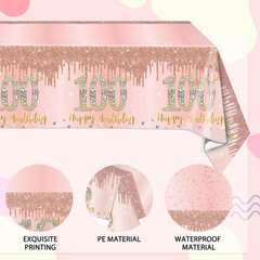 3 Pack 100th Birthday Decorations Rose Gold 100 Years Old Birthday Tablecloth Pl