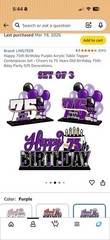 LINGTEER 75th Birthday Purple Acrylic Cake Topper Set of 3 Table Toppers