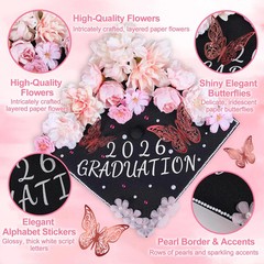 Graduation Cap Decorations Kit, 18PCS Artificial Silk Flowers with 3D Gold Butte