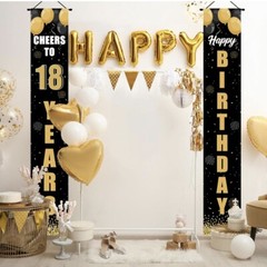 Happy 18th Birthday Celebration Black & Gold Door Sign Banner Cheers to Eighteen