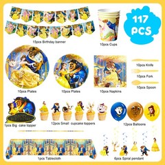 117 Pcs Disney Beauty and The Beast Party Supplies Belle Princess Banner Balloon