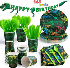 Dino Birthday Party Set 145pc 24 Guests Cups Napkins T-Rex Banner Plates Cutlery