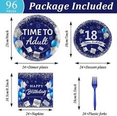 Complete 18th Birthday Tableware: 96 Pieces of Blue Silver Plates & Napkins