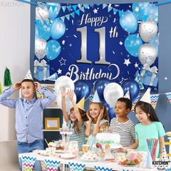 Blue and Silver 11th Happy Birthday Banner – Large, 72×44 Inch | 11th Birthday B