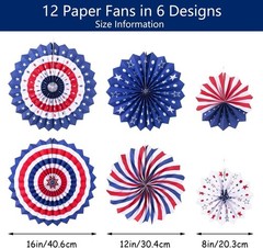 Patriotic Decorations Hanging Paper Fans 12pcs 3 Sizes Red White Blue Party D…