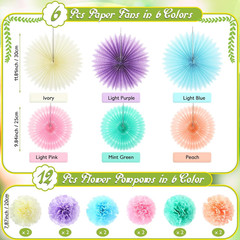 18 Pcs Pastel Rainbow Party Decorations Pastel Paper Fans 3D Floral Tissue Pom P