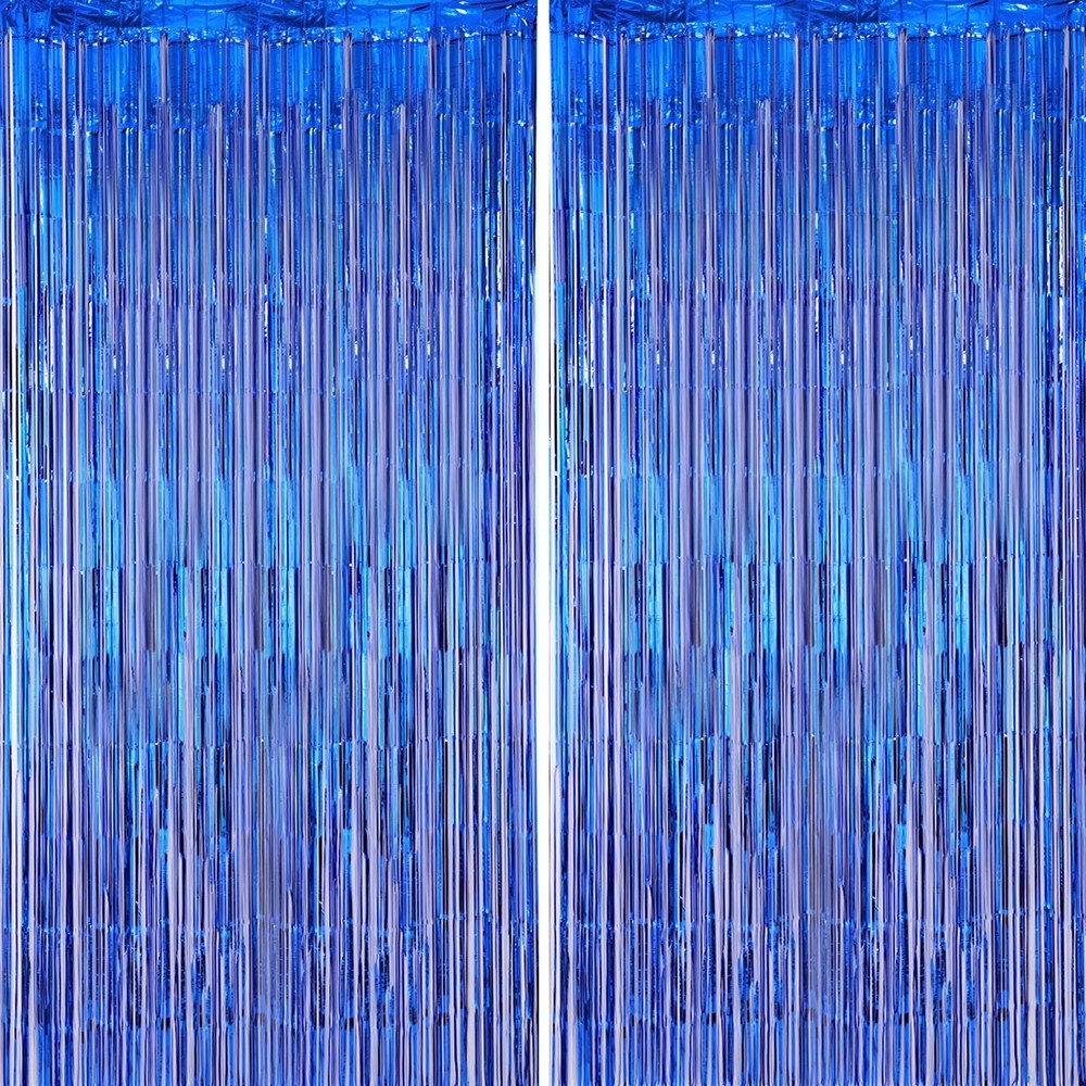 2 PCS Blue Foil Fringe Backdrop Curtains Tinsel Streamers Party Photo Decor