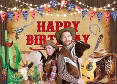 Western Cowboy Birthday Backdrop Wild West Rustic Wooden House Rodeo Boot 8x6FT