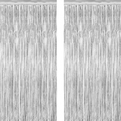 2 Pack Tinsel Backdrop, 3.28 FT x 7.05 FT Birthday Party Decorations, Silver