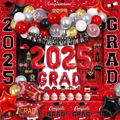 Party Spot！125 PCS Red and Black Graduation Party Decorations 2025 Graduation…