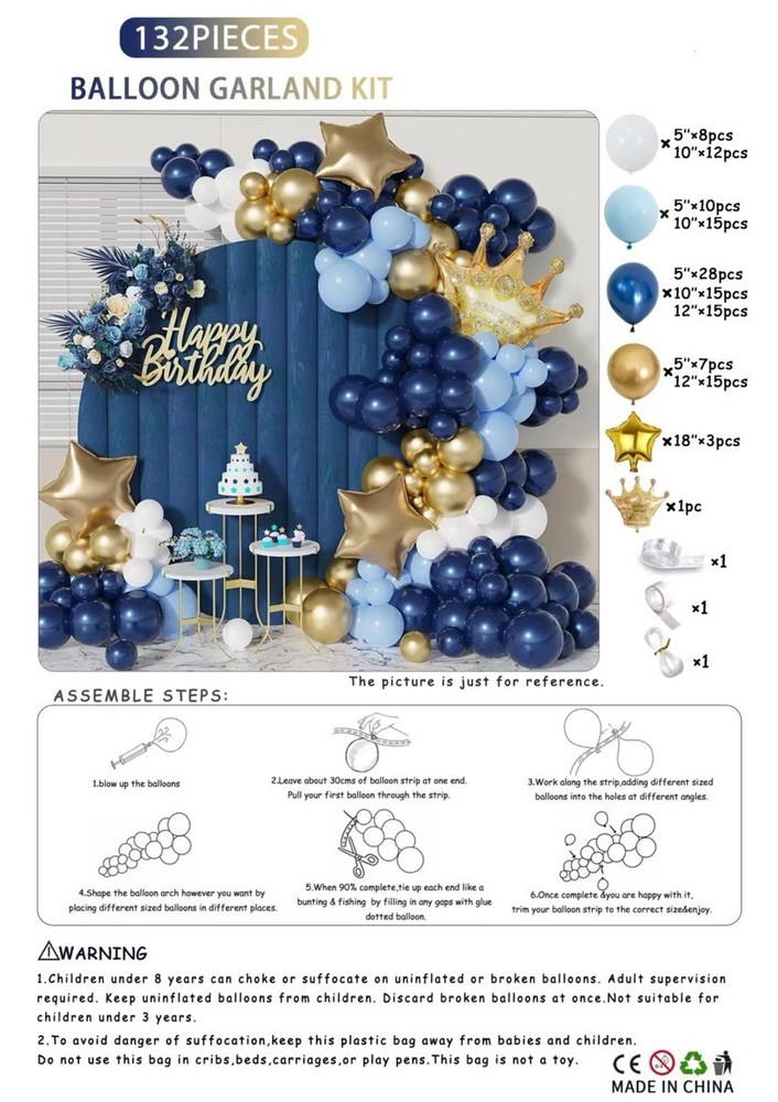 Blue Gold Balloon Garland Kit 132pcs Boy Birthday Baby Shower Decor