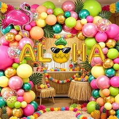 151PCS Hawaiian Luau Balloon Arch Kit, Hot Pink Green Orange Tropical Balloon…