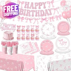 Pink Bow Birthday Party Supplies for Girls – Serves 24, Plates, Cups, Napkins
