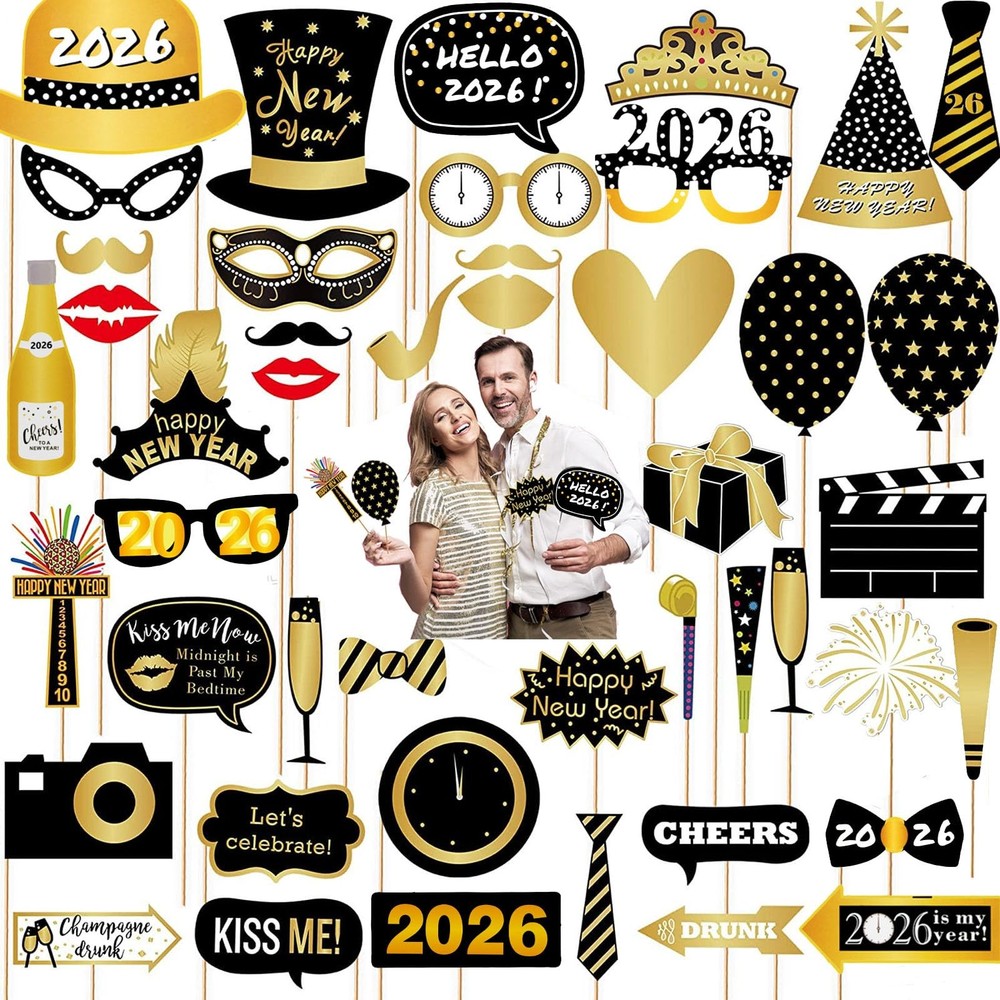 46 PCS 2026 New Year Photo Booth Props Funny Selfie NYE Party Decorations