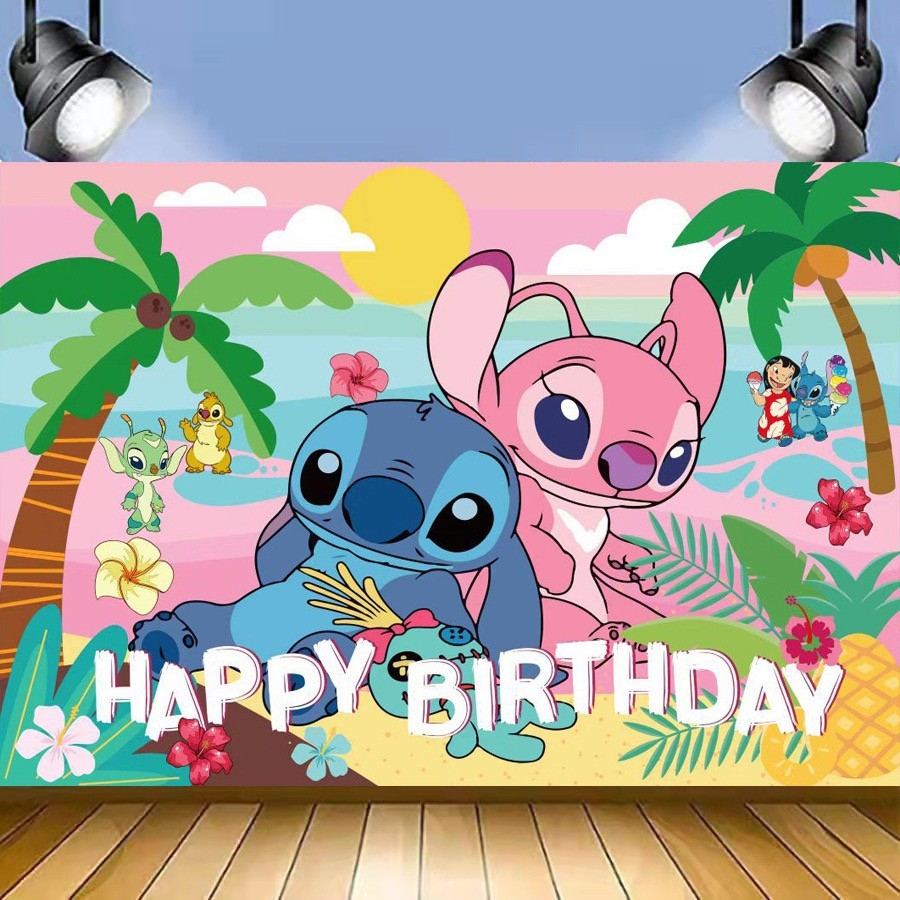 Lilo & Stitch Birthday Party Decoration, 4.9×3.2ft Happy Birthday Backdrop