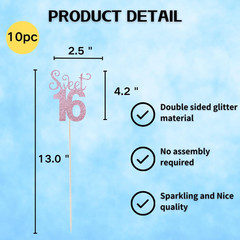 10-Pack Glitter Gold Double Sided Sweet 16 Birthday Anniversary Centerpiece Stic